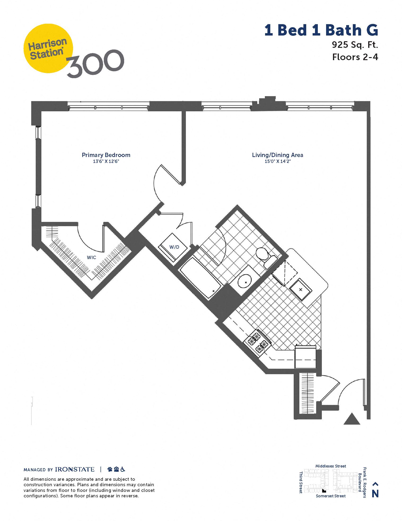 Floor plan for 1 bed, 1 bath, 925 sqft